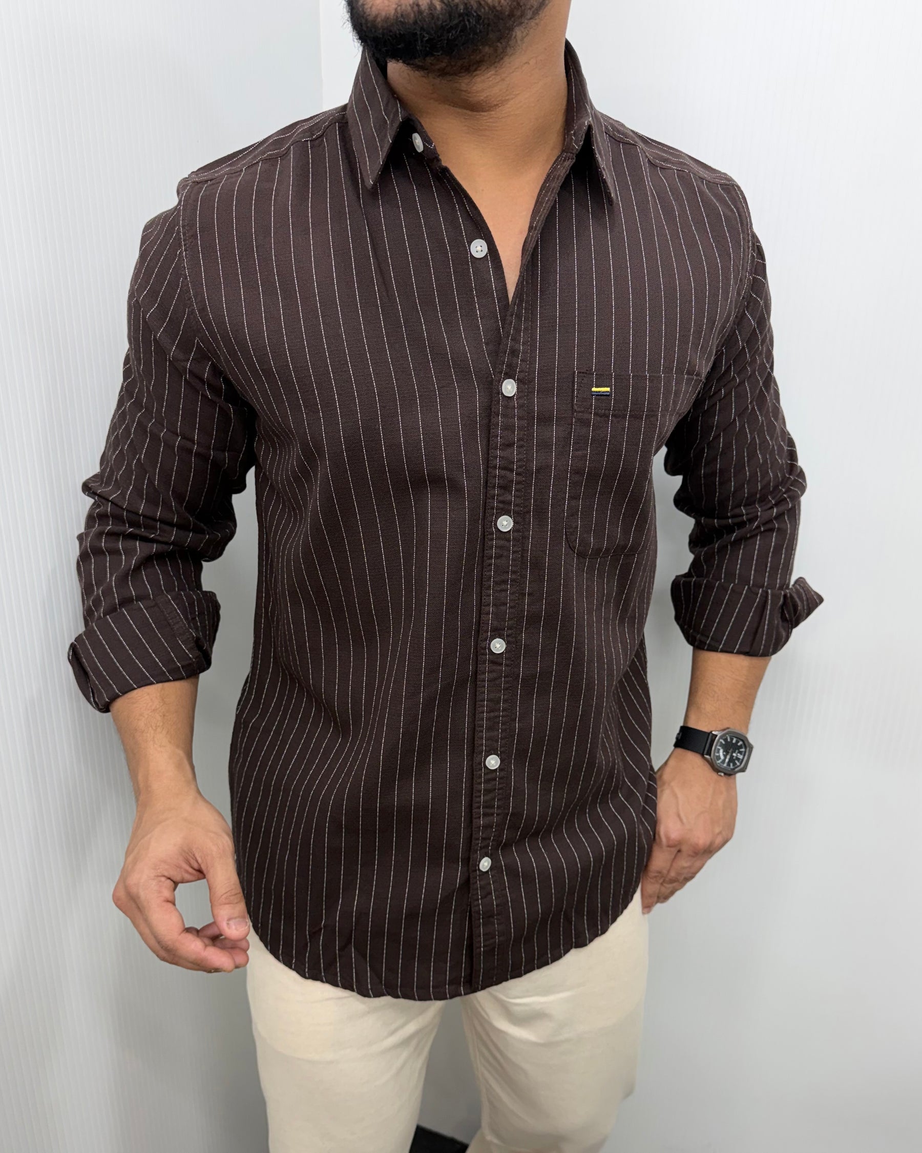 Brown Viscose Fabric Striped Shirt