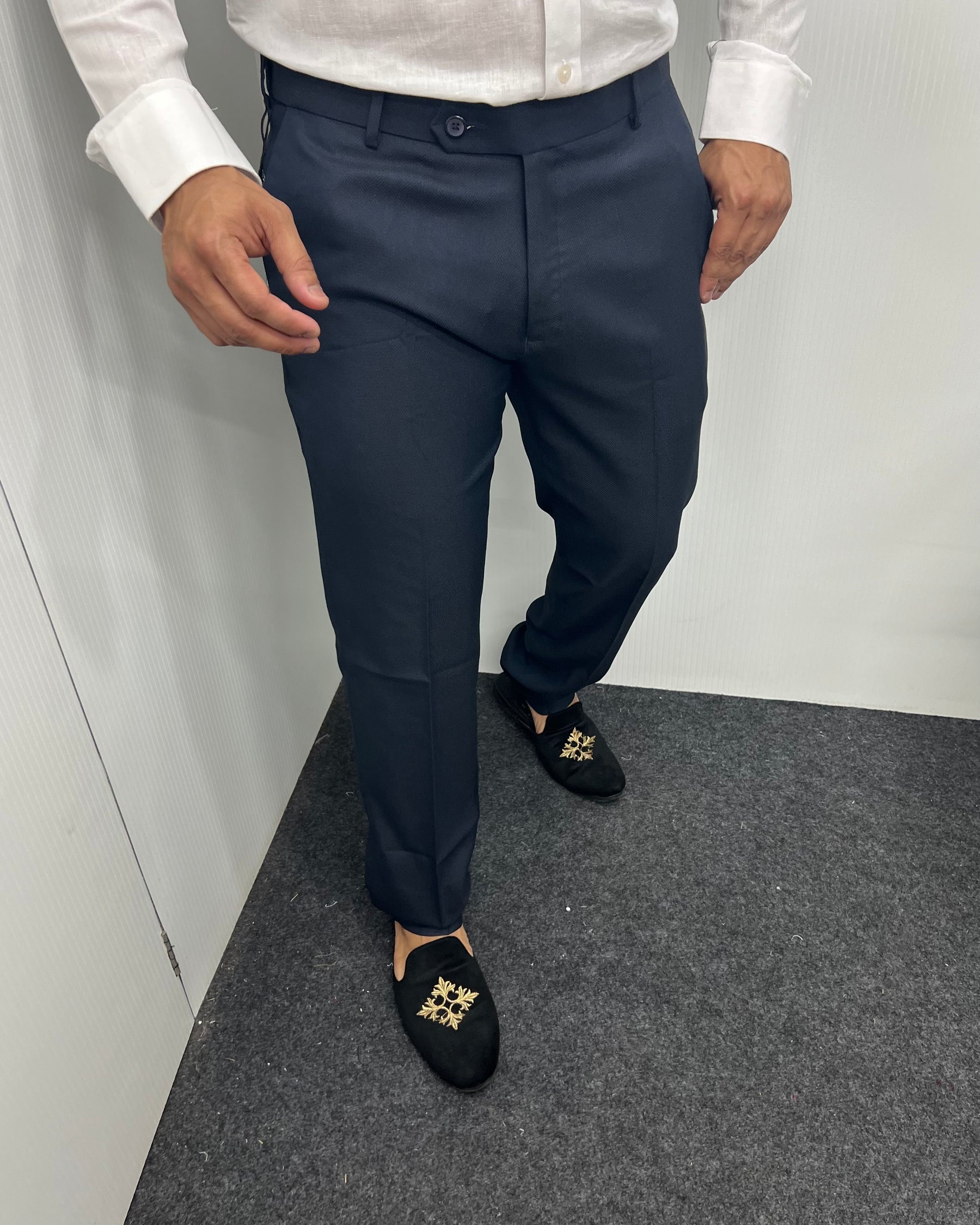 Navy Blue Straight Fit Dobby Flexiwaist Business Class Formal Pant