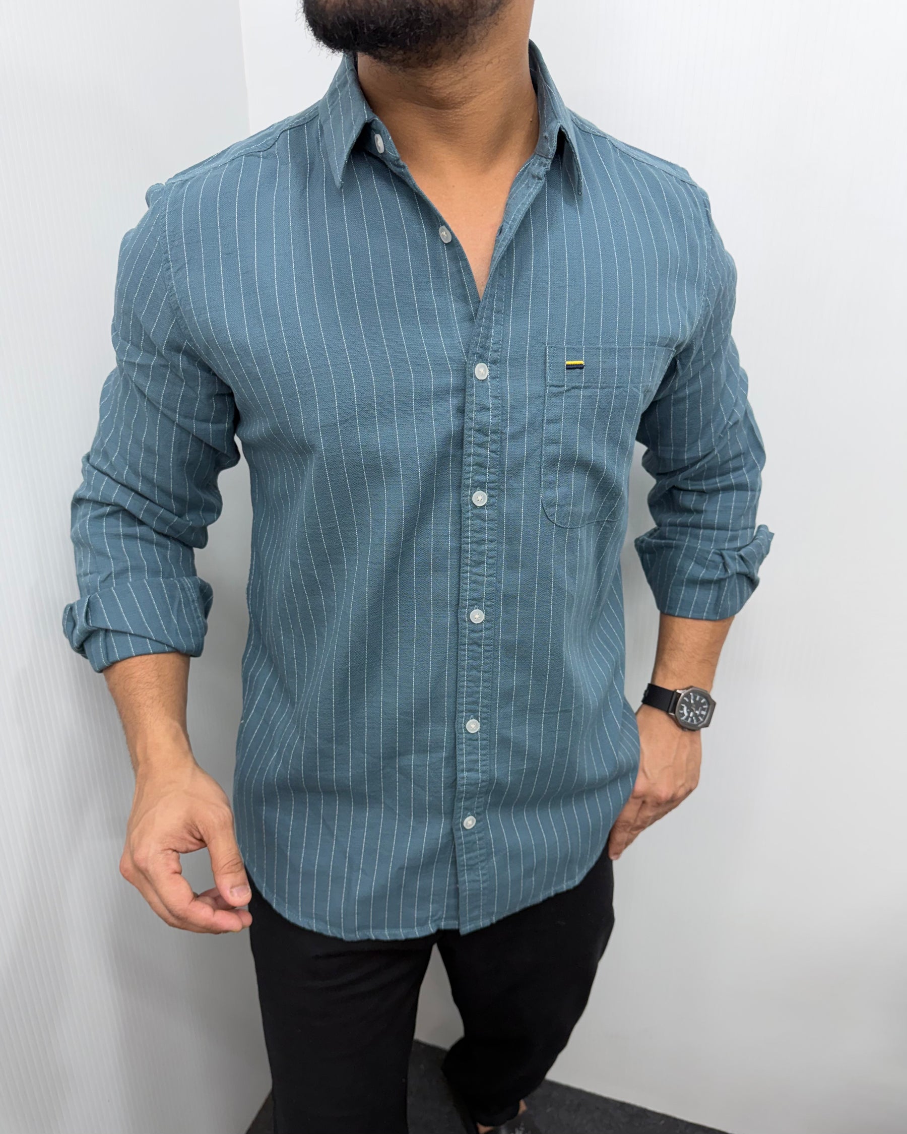 Steel Blue Viscose Fabric Striped Shirt