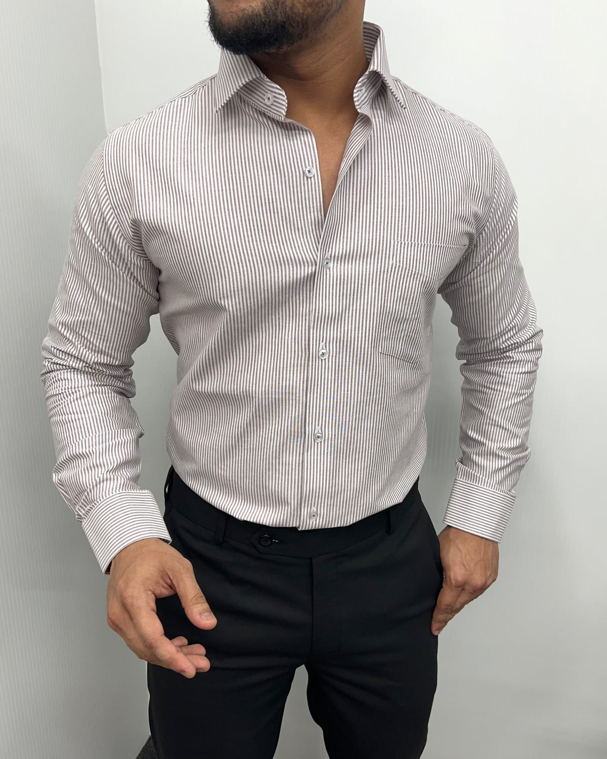 Brown Oxford Very Premium Fine Cotton Fabric Vertical Striped Shirt