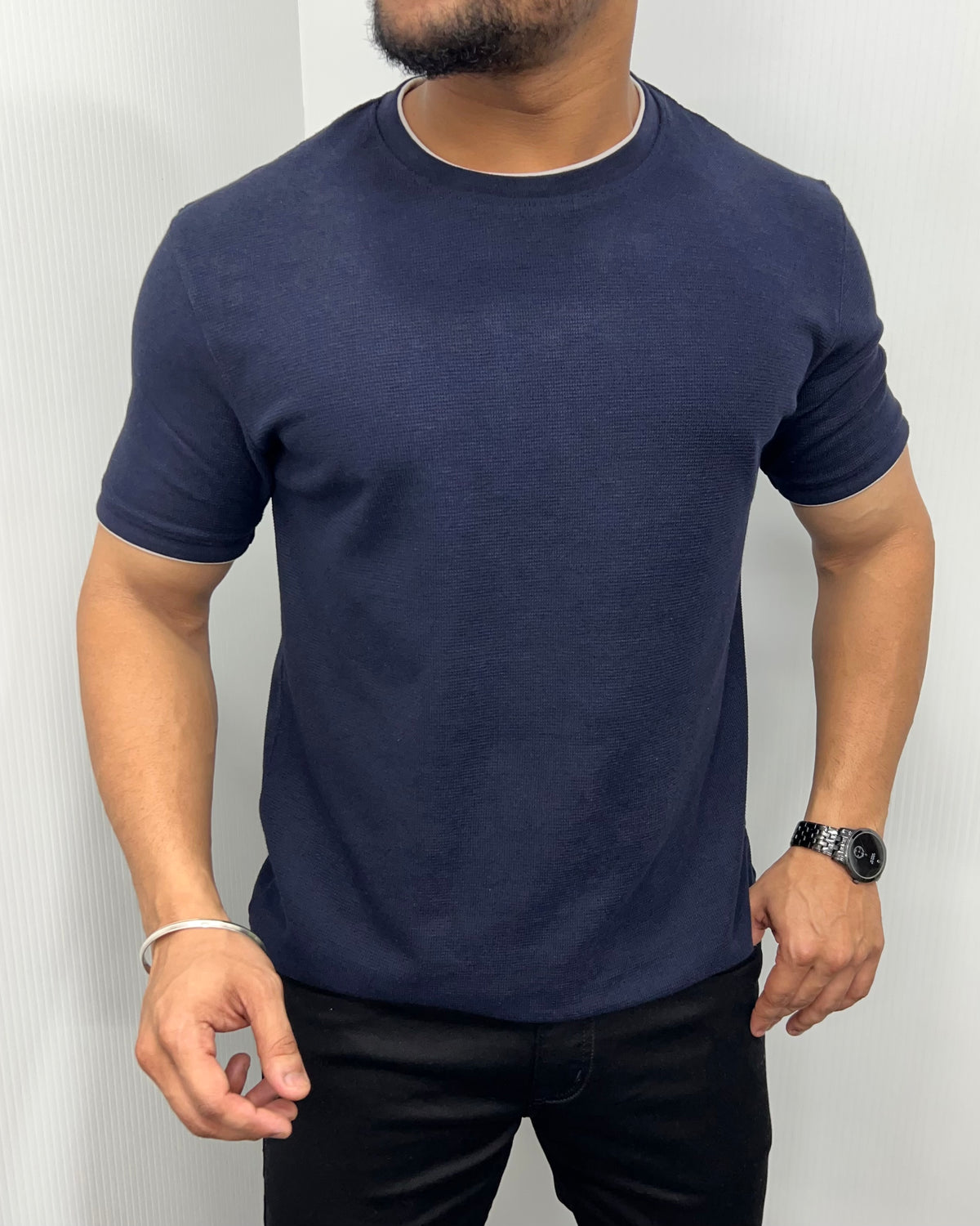 Navy Blue Plain Half Sleeve Knit T-Shirt