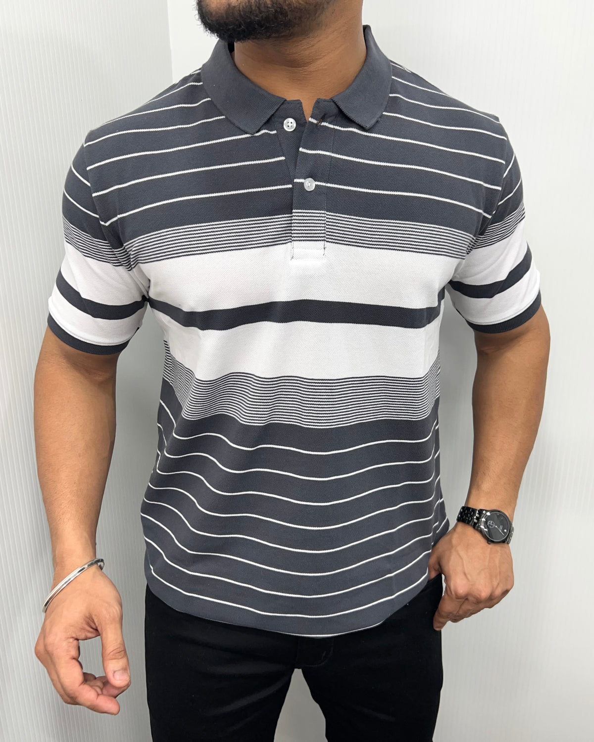 Dark Gray Collar Matty Striped T-Shirt
