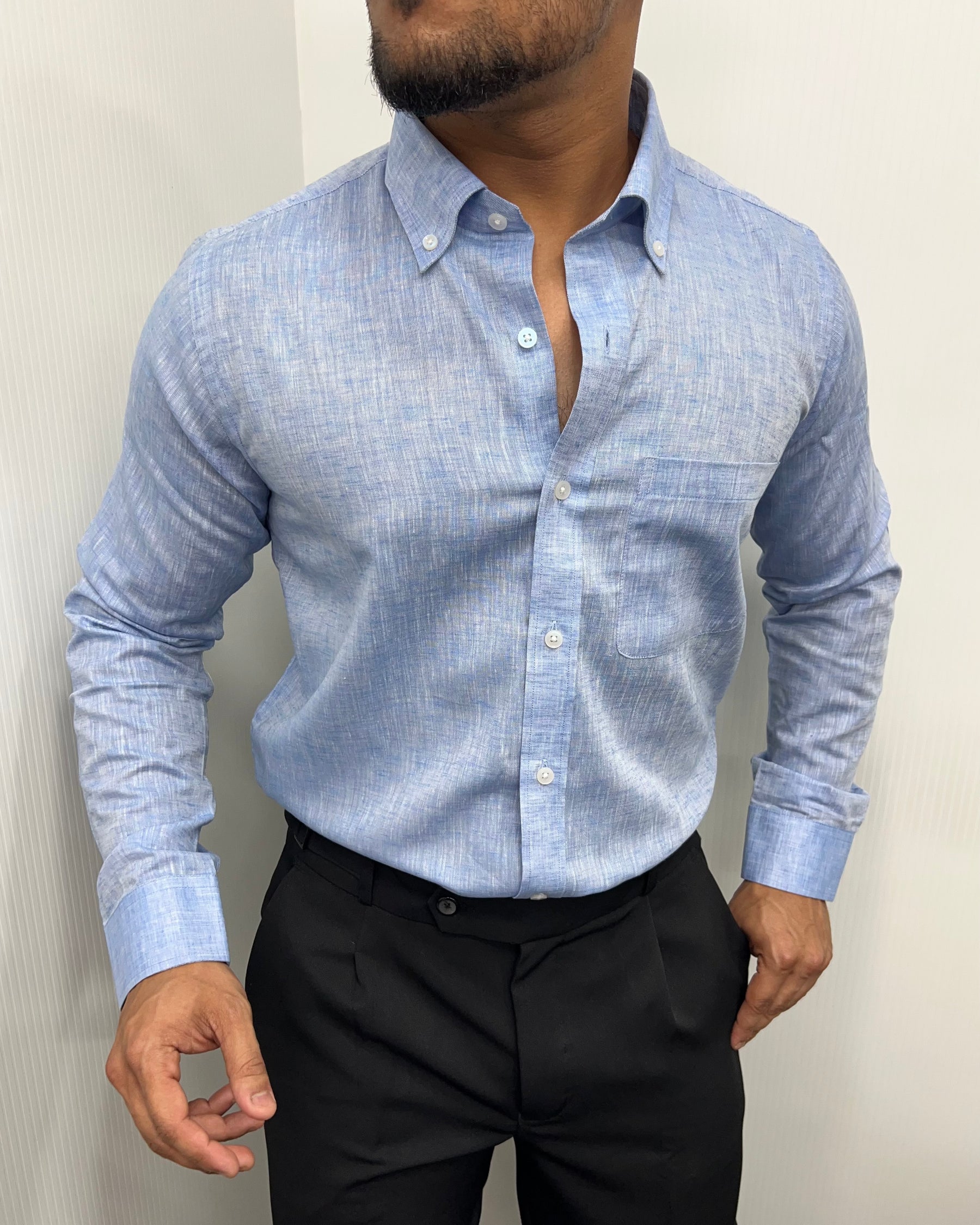 Sky Blue Melange Cotton Linen Shirt
