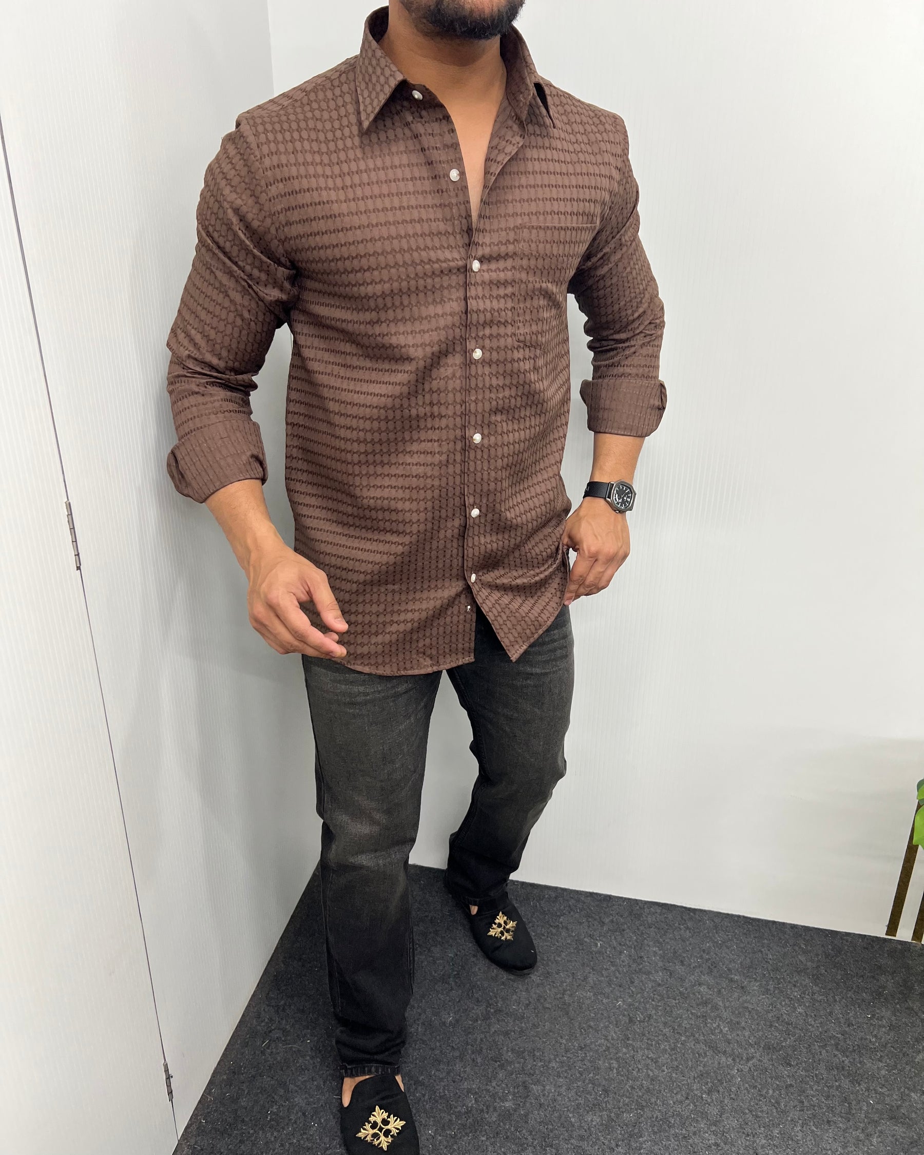 Brown Self Embroidery Shirt