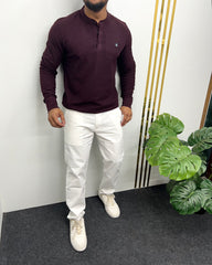 Wine Premium Cotton Waffle Henley Neck Full Sleeve T-Shirt