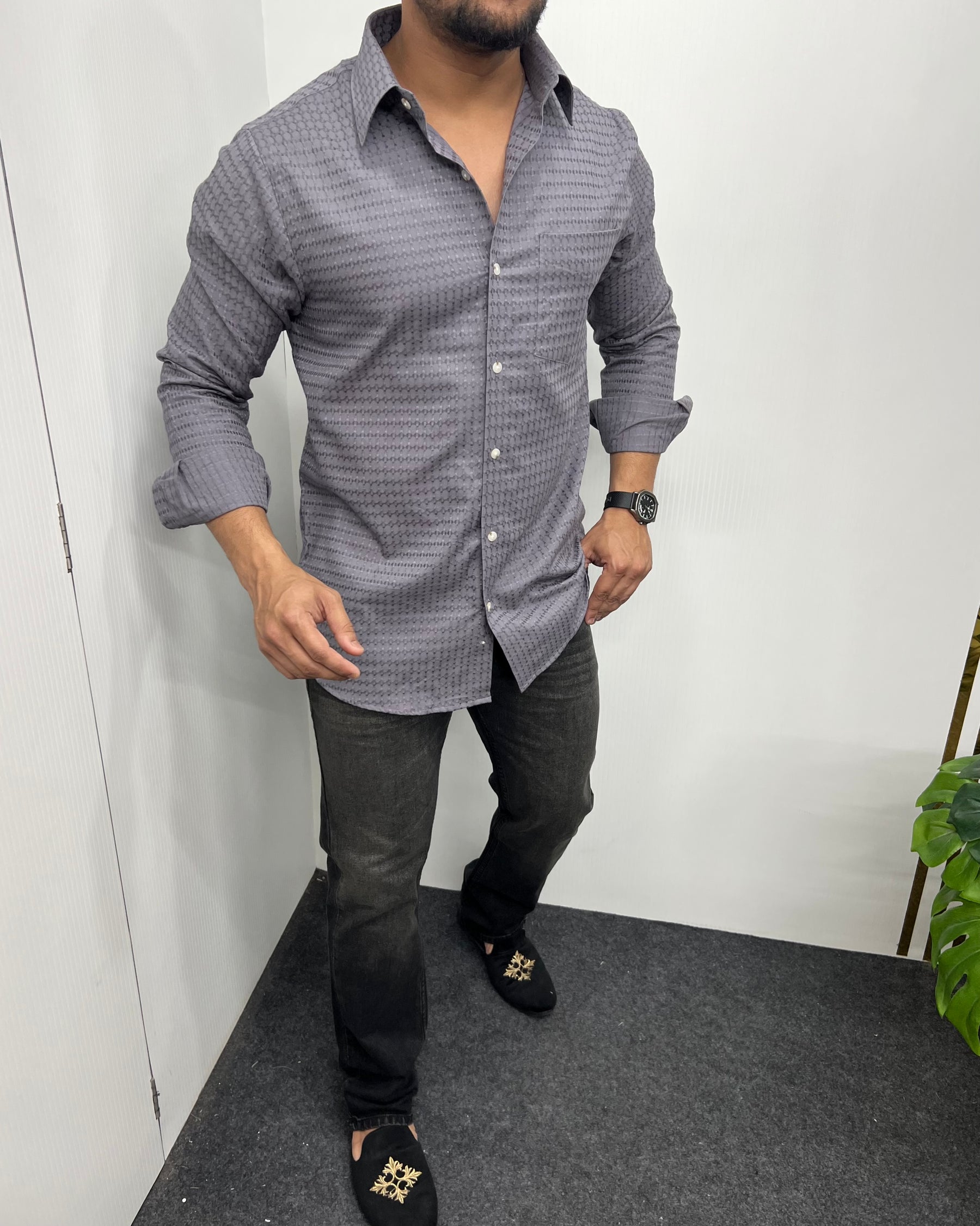 Grey Self Embroidery Shirt