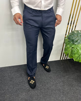 Navy Blue Self Line Straight Fit Flexiwaist Business Class Formal Pant