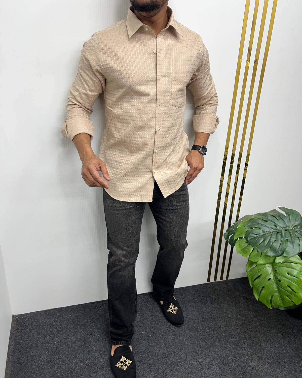 Cream Self Embroidery Shirt