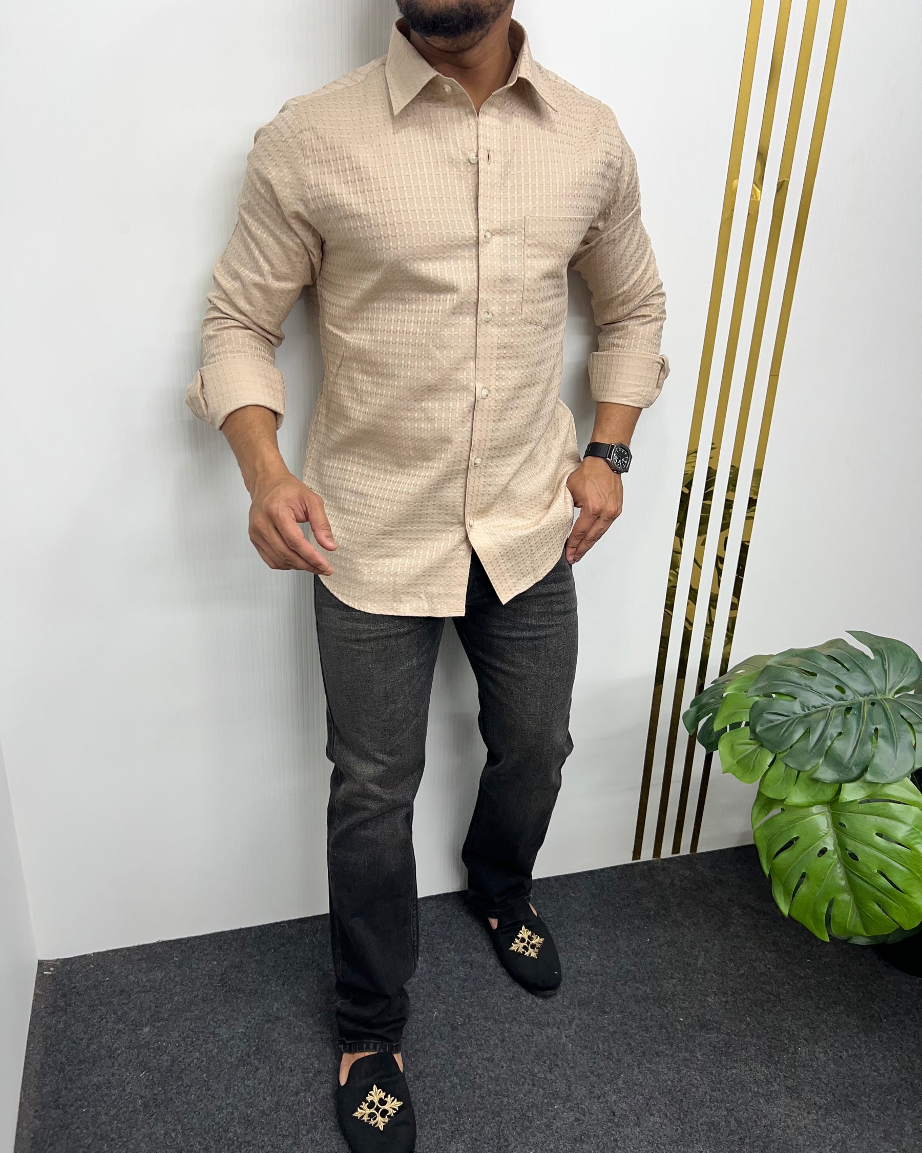 Cream Self Embroidery Shirt