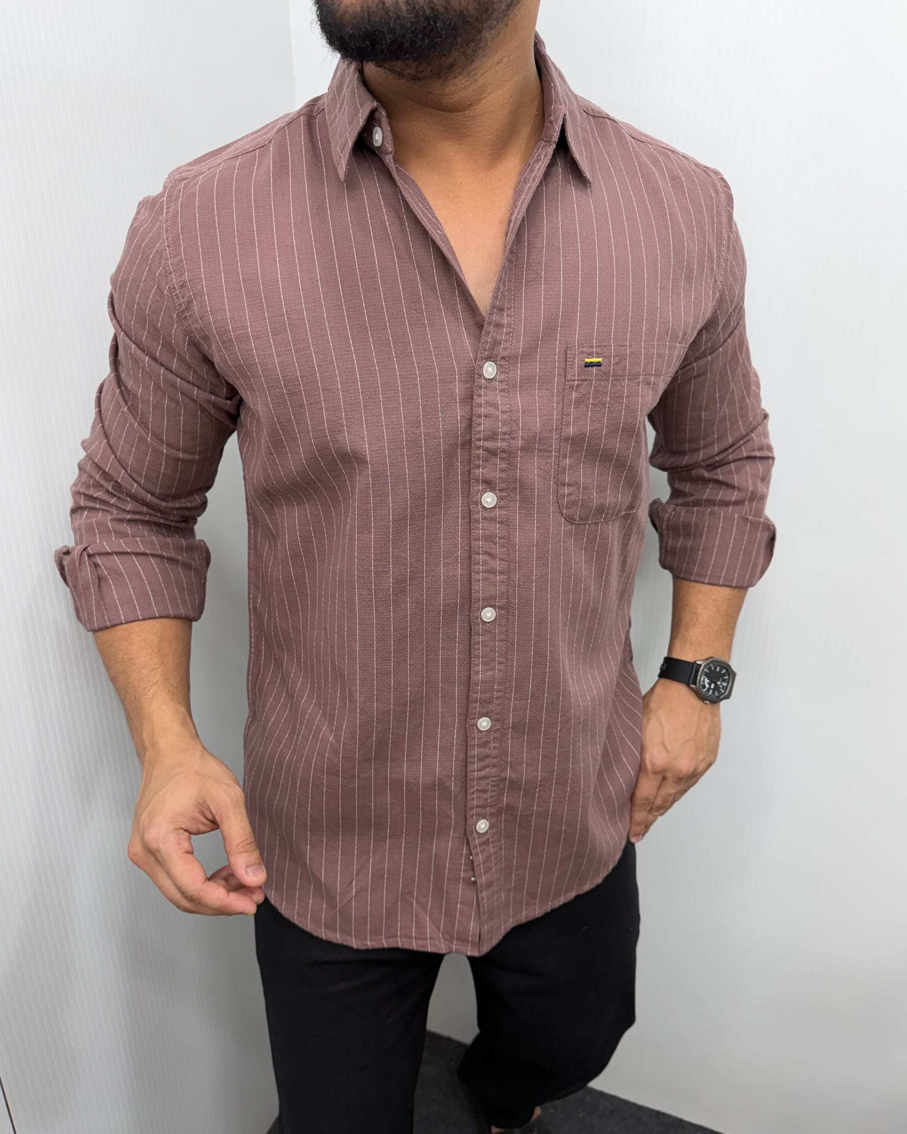 Mauve Brown Viscose Fabric Striped Shirt