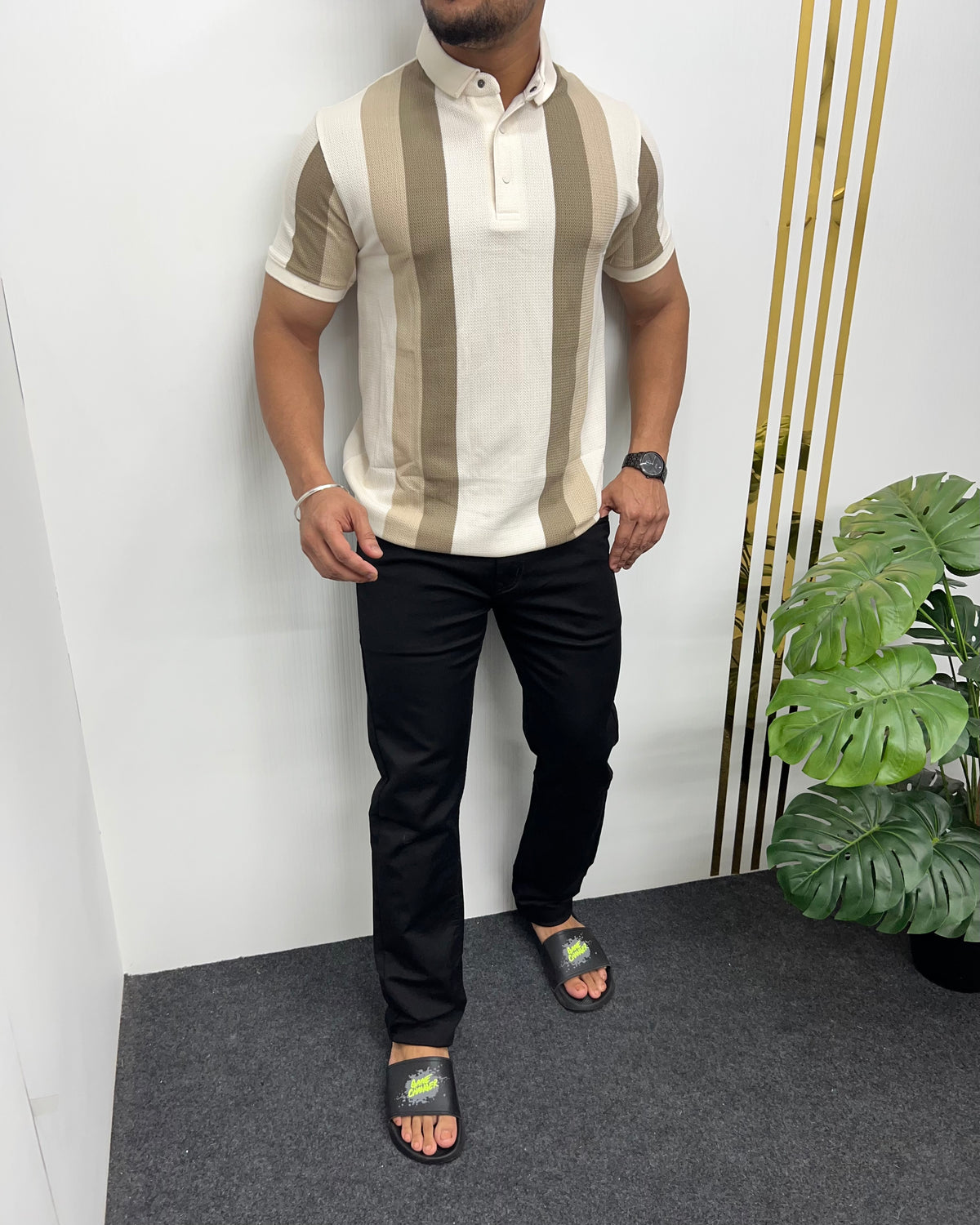 Cream Matty Structure Striped T-Shirt