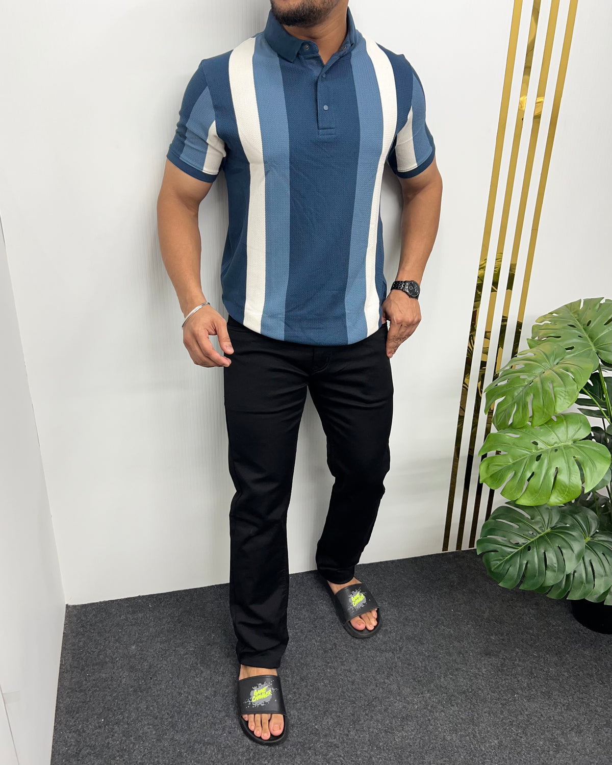 Blue Matty Structure Striped T-Shirt