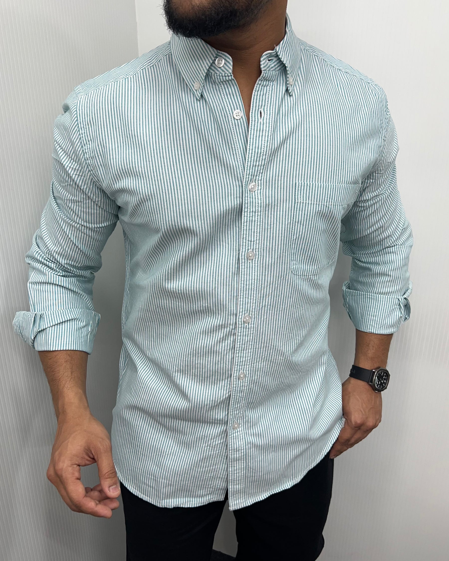 Sea Green Cotton Oxford Striped Shirt