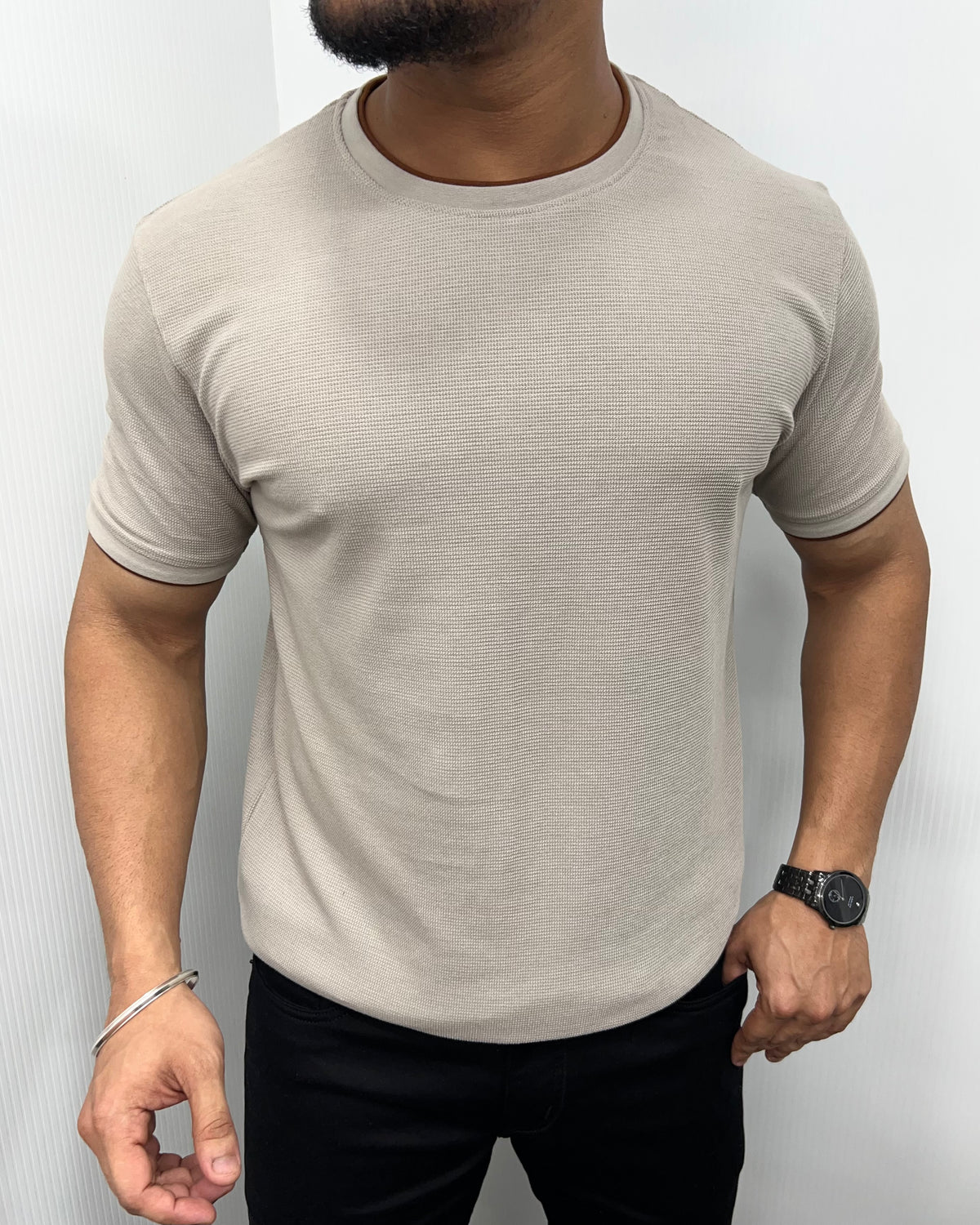 Dusty Gray Plain Half Sleeve Knit T-Shirt