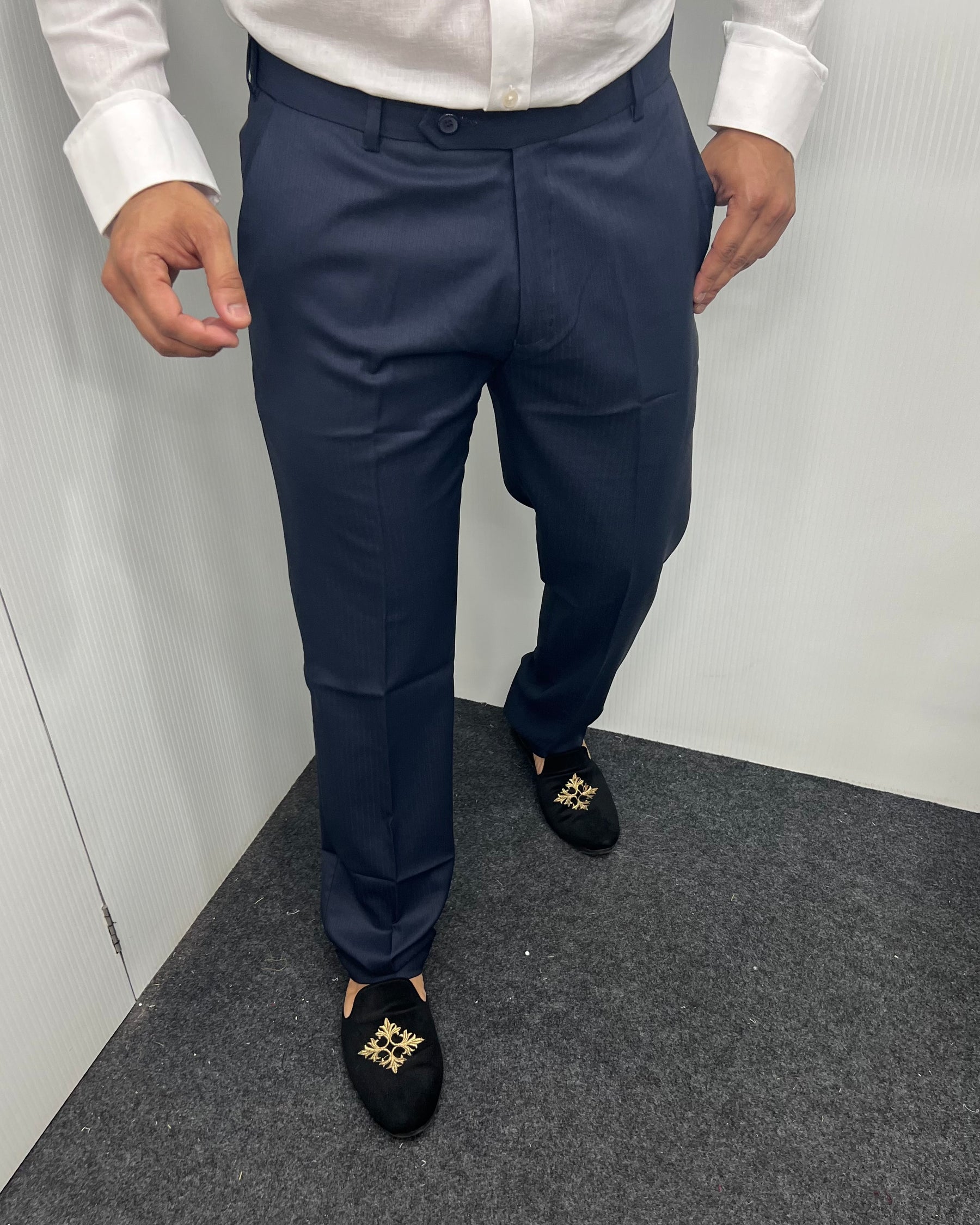 Navy Blue Self Line Straight Fit Flexiwaist Business Class Formal Pant