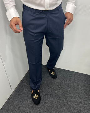 Navy Blue Self Line Straight Fit Flexiwaist Business Class Formal Pant