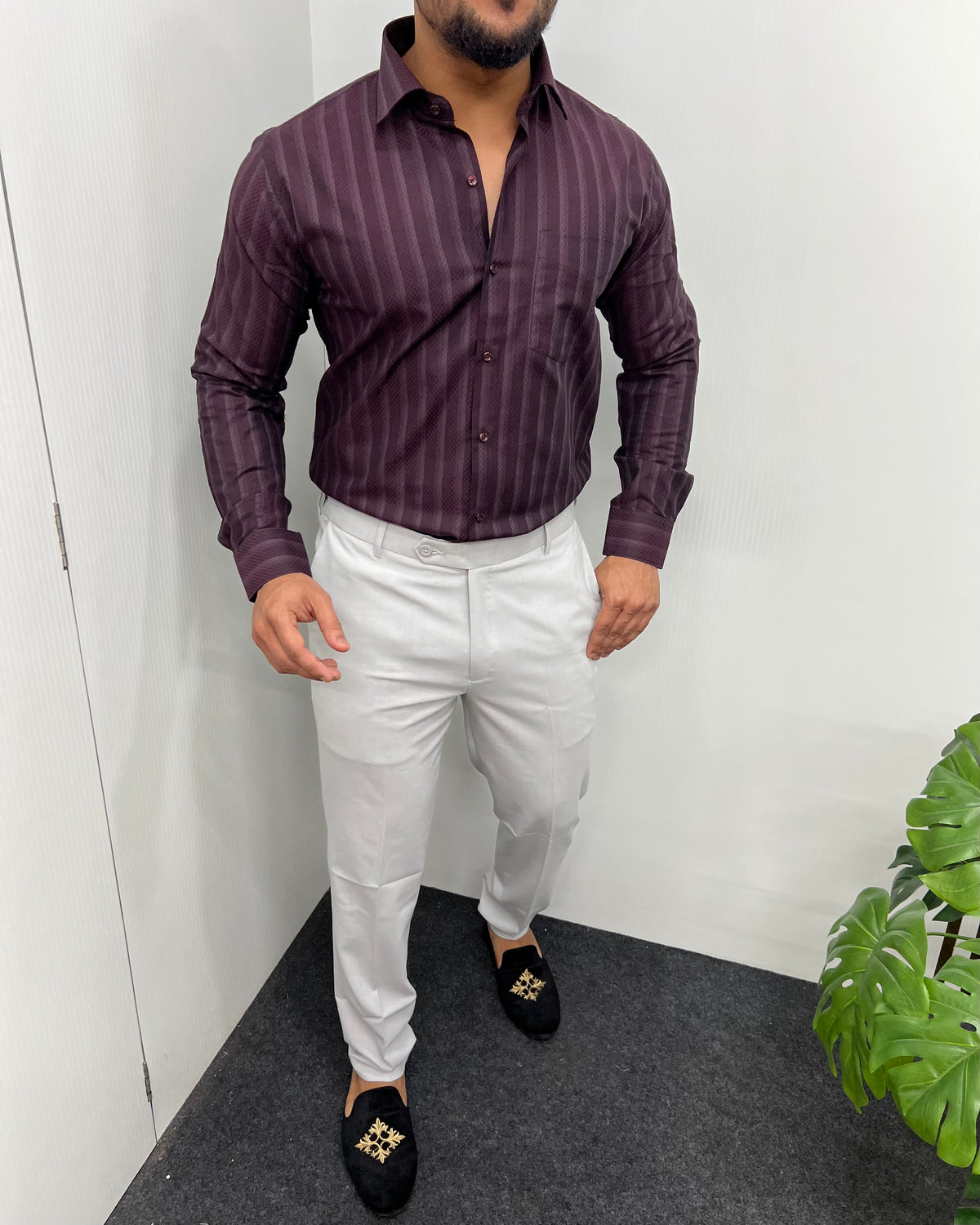 Maroon Self Jacquard Striped Premium Giza Cotton Shirt