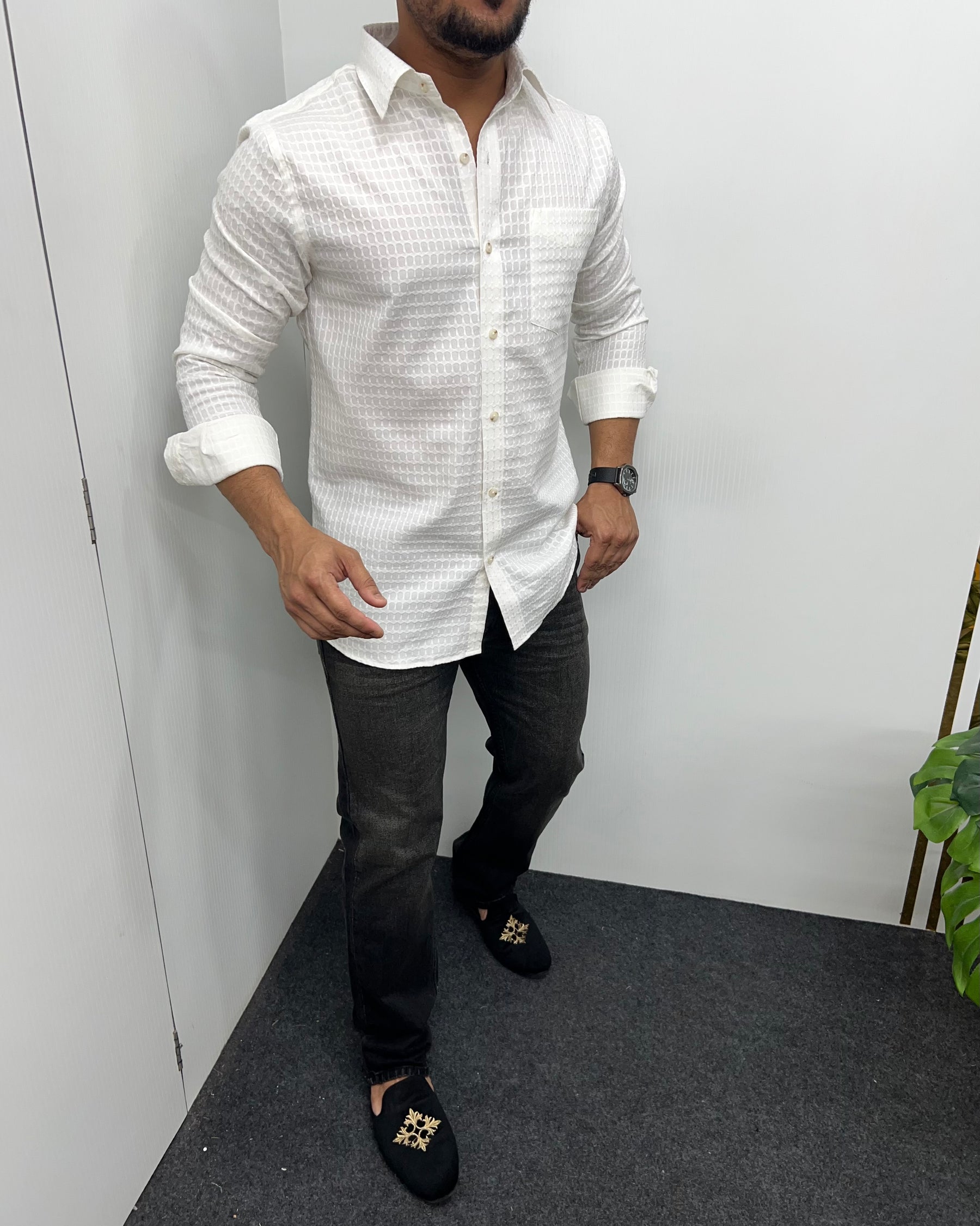 White Self Embroidery Shirt