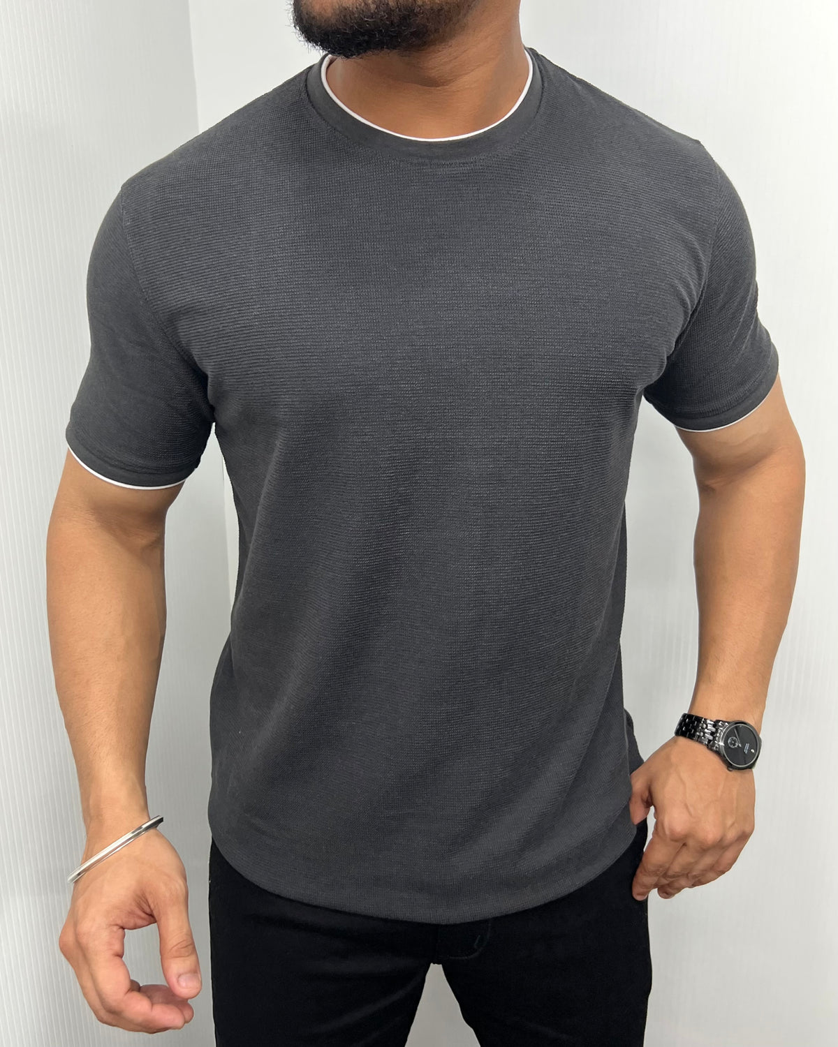 Dark Gray Plain Half Sleeve Knit T-Shirt
