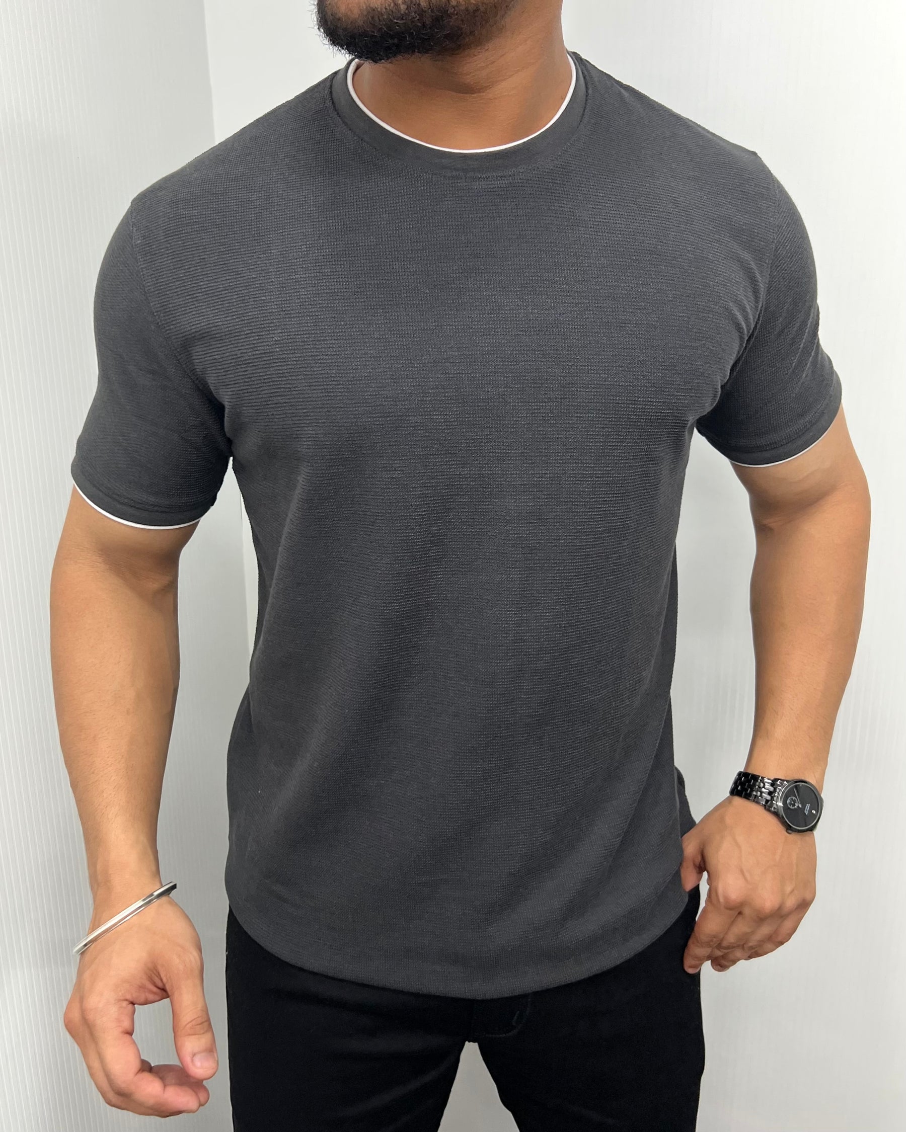 Dark Gray Plain Half Sleeve Knit T-Shirt