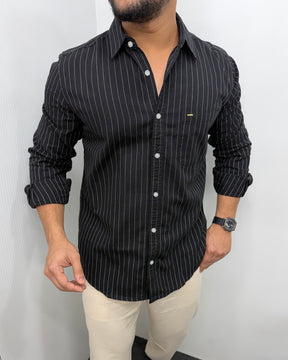 Black Viscose Fabric Striped Shirt