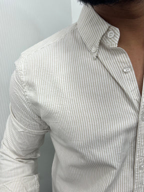 Beige Cotton Oxford Striped Shirt