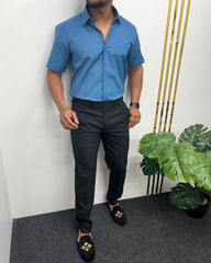 Pastel Blue Pure Cotton Linen Premium Half Sleeve Shirt