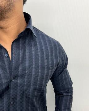Blue Self Jacquard Striped Premium Giza Cotton Shirt