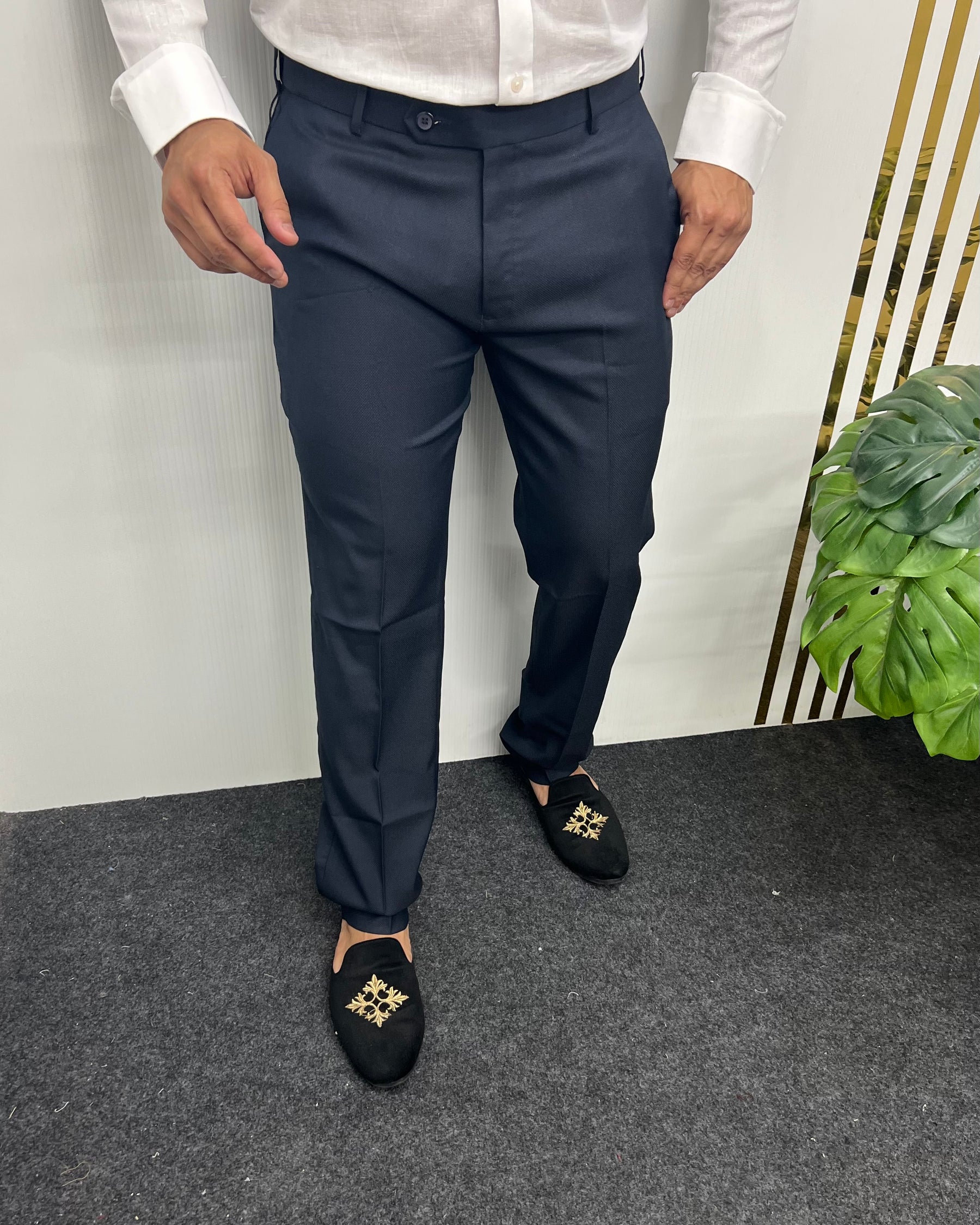 Navy Blue Straight Fit Dobby Flexiwaist Business Class Formal Pant
