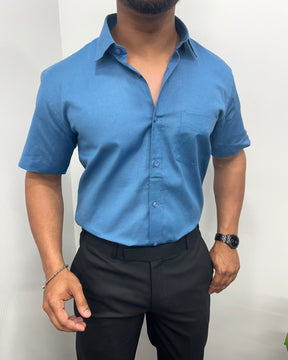 Pastel Blue Pure Cotton Linen Premium Half Sleeve Shirt