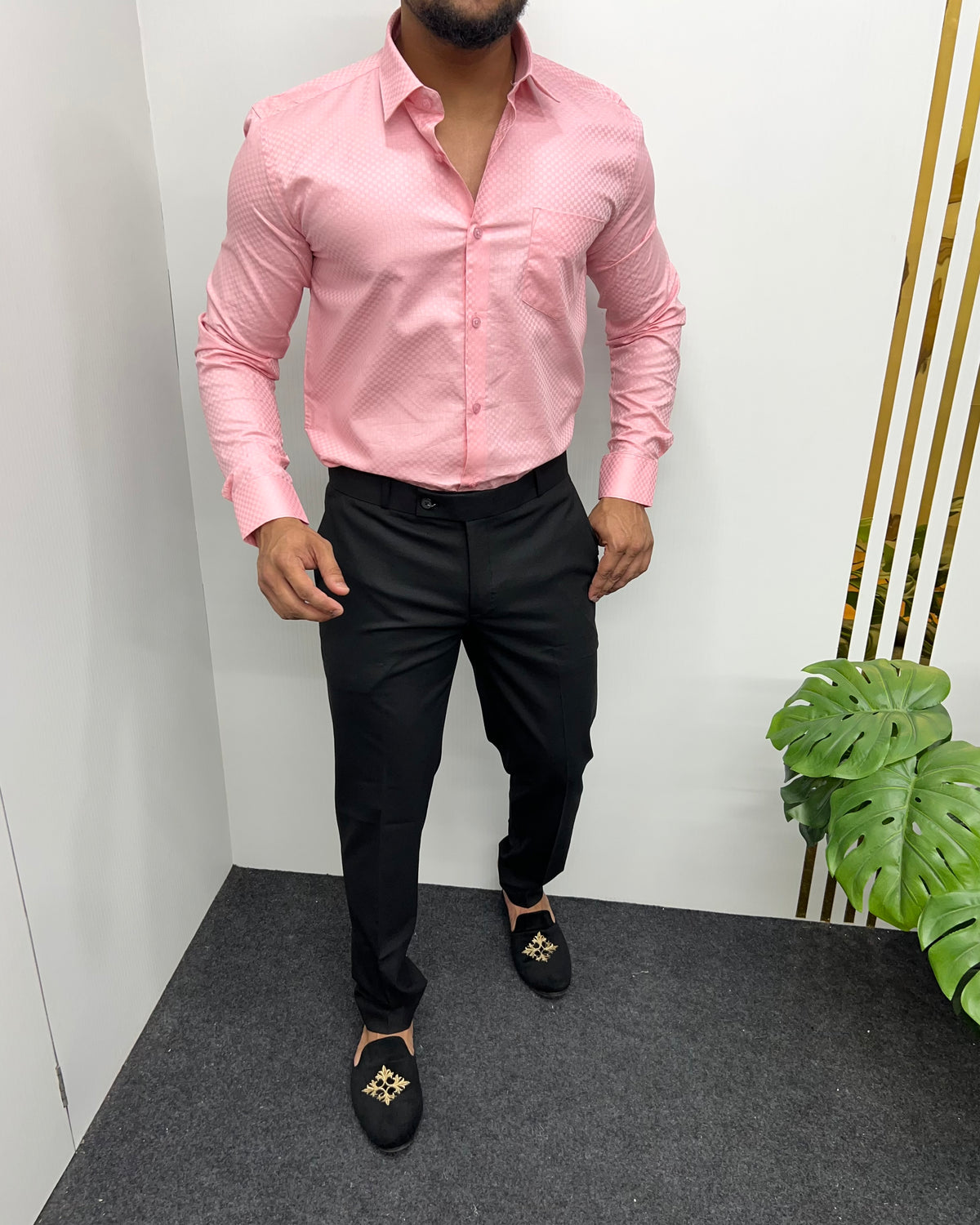Pink Cotton Self Checks Shirt