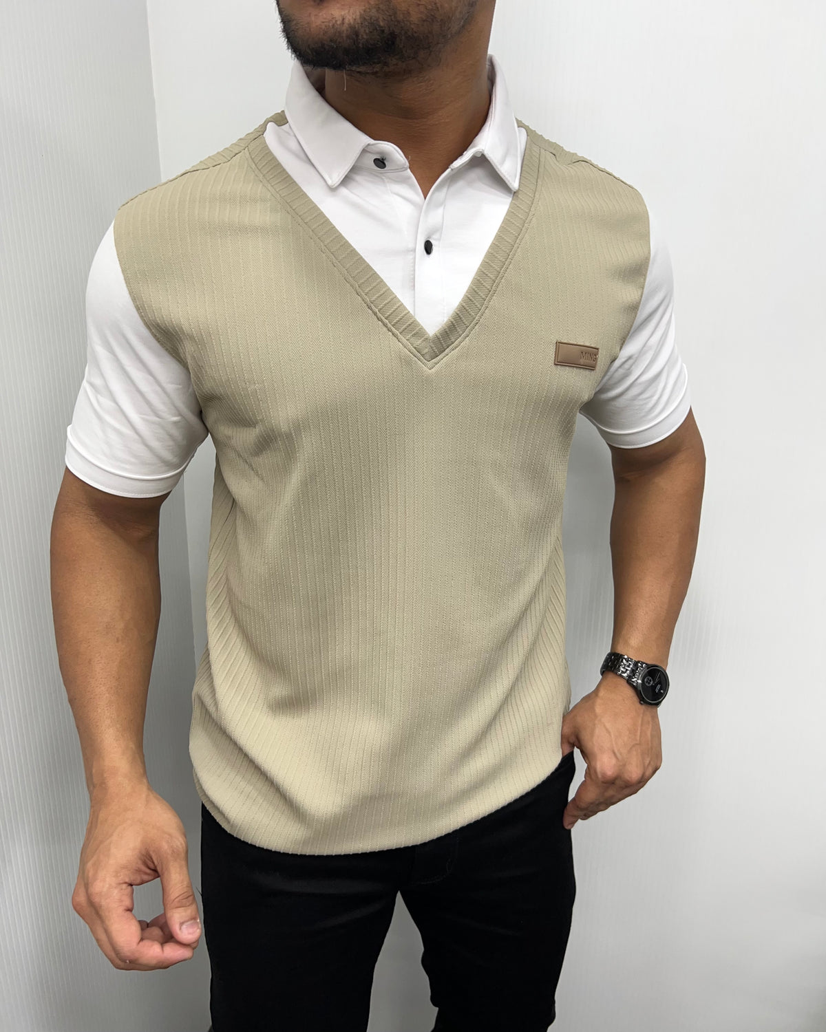 Beige & White Plaid T-Shirt