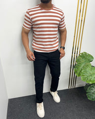 Cotton Waffle Striped Round Neck T-Shirt