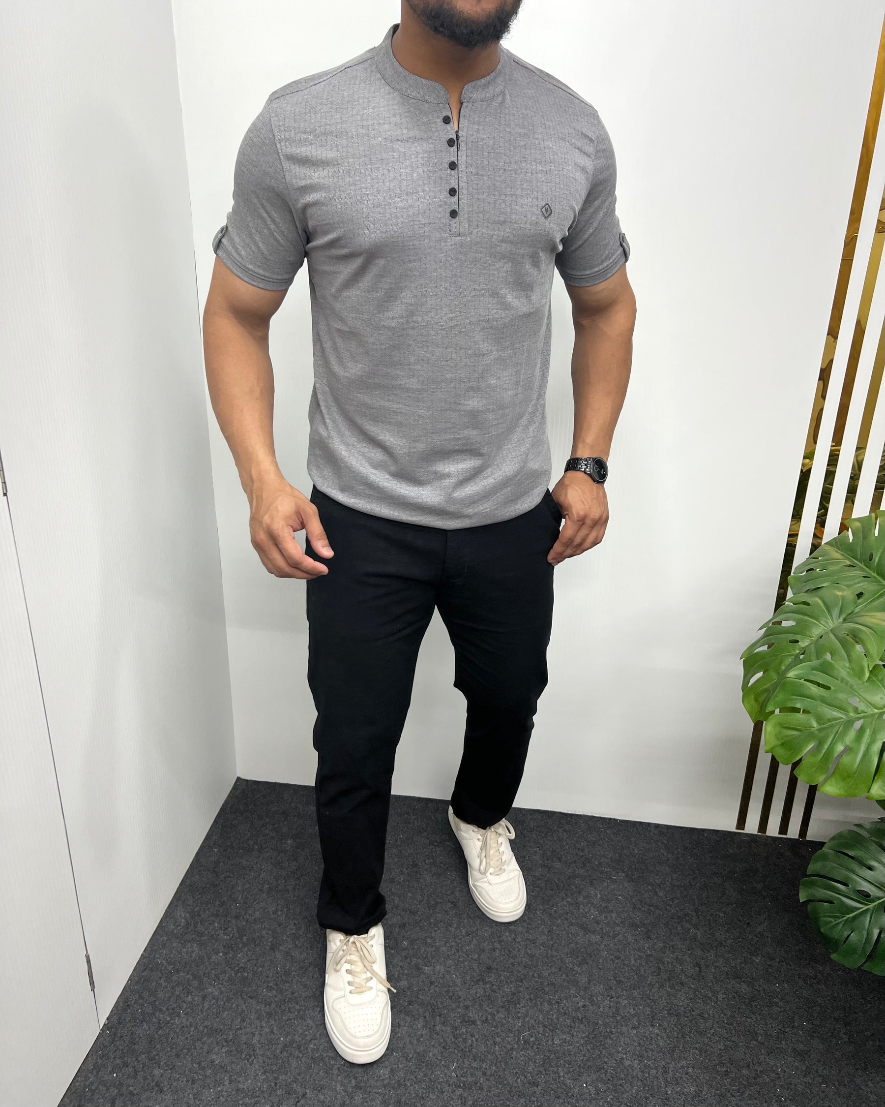 Dark Gray Imported Self Striped Round Neck T-Shirt