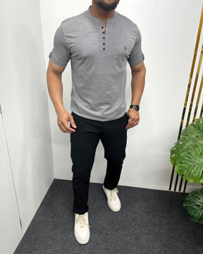 Dark Gray Imported Self Striped Round Neck T-Shirt