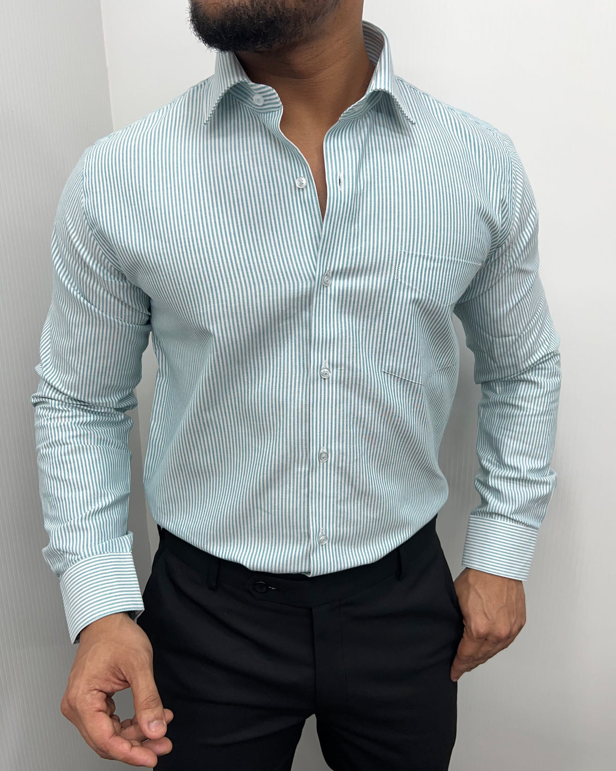 Sea Green Oxford Very Premium Fine Cotton Fabric Vertical Striped Shirt