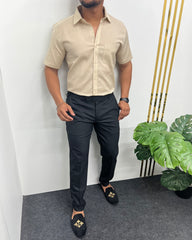 Beige Pure Cotton Linen Premium Half Sleeve Shirt