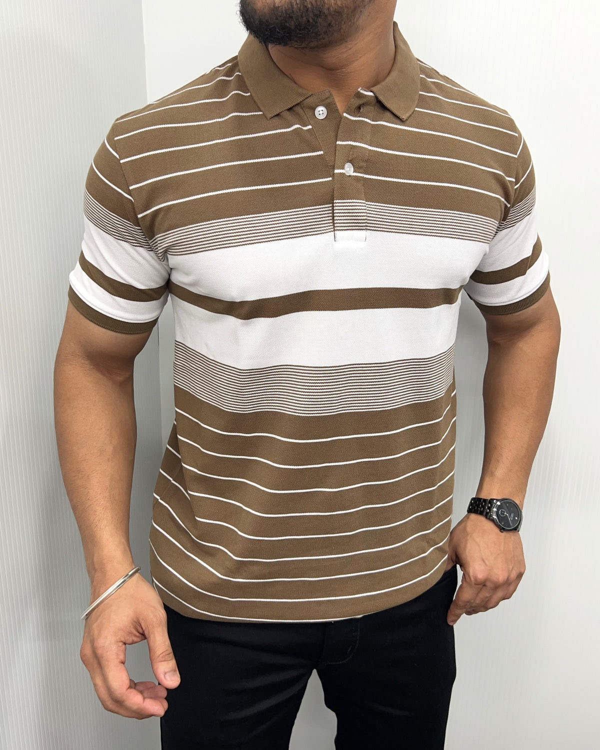 Khaki Collar Matty Striped T-Shirt