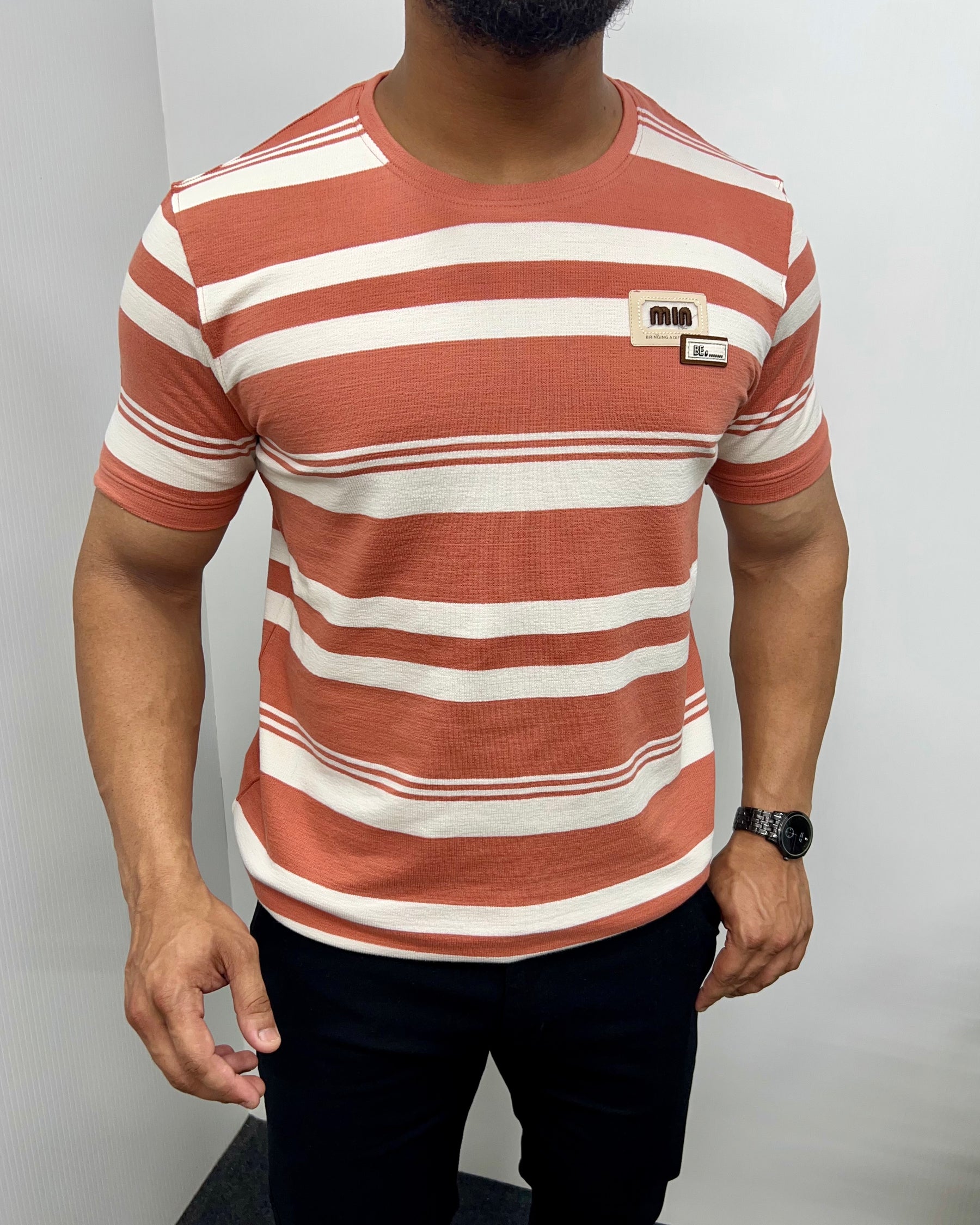 Orange Cotton Striped Round Neck T-Shirt