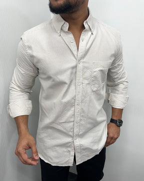 Beige Cotton Oxford Striped Shirt