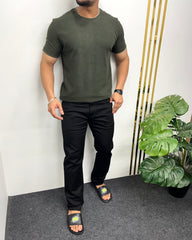 Green Plain Half Sleeve Knit T-Shirt