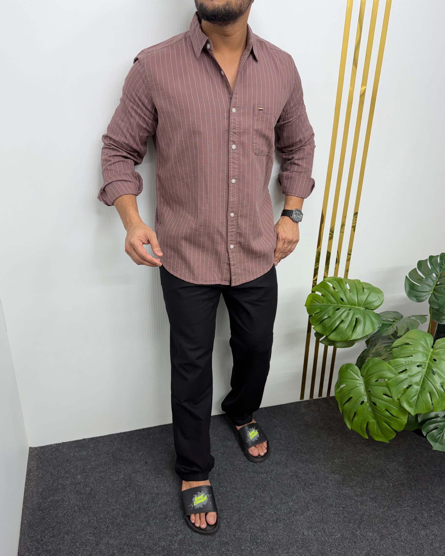 Mauve Brown Viscose Fabric Striped Shirt