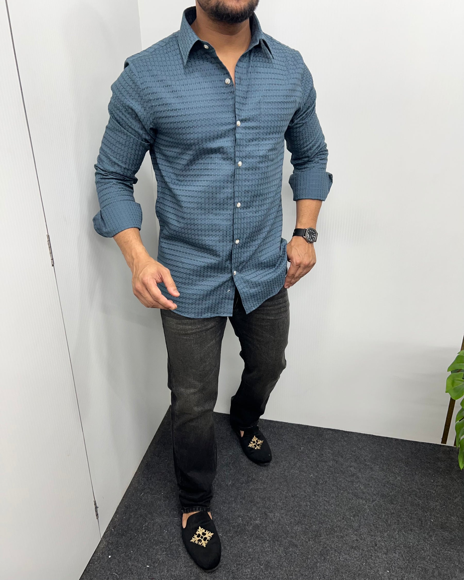 Classic Blue Self Embroidery Shirt
