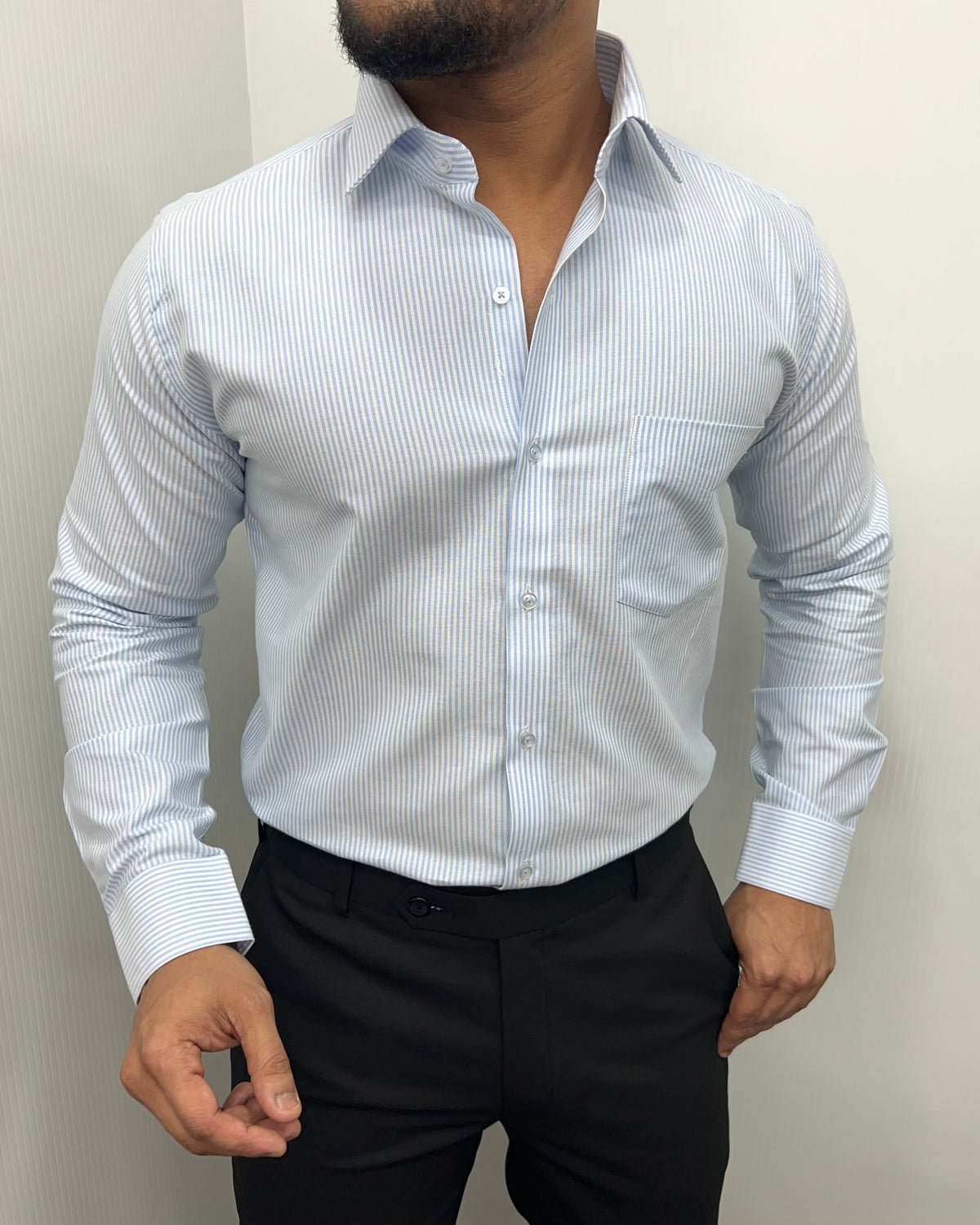 Sky Blue Oxford Very Premium Fine Cotton Fabric Vertical Striped Shirt