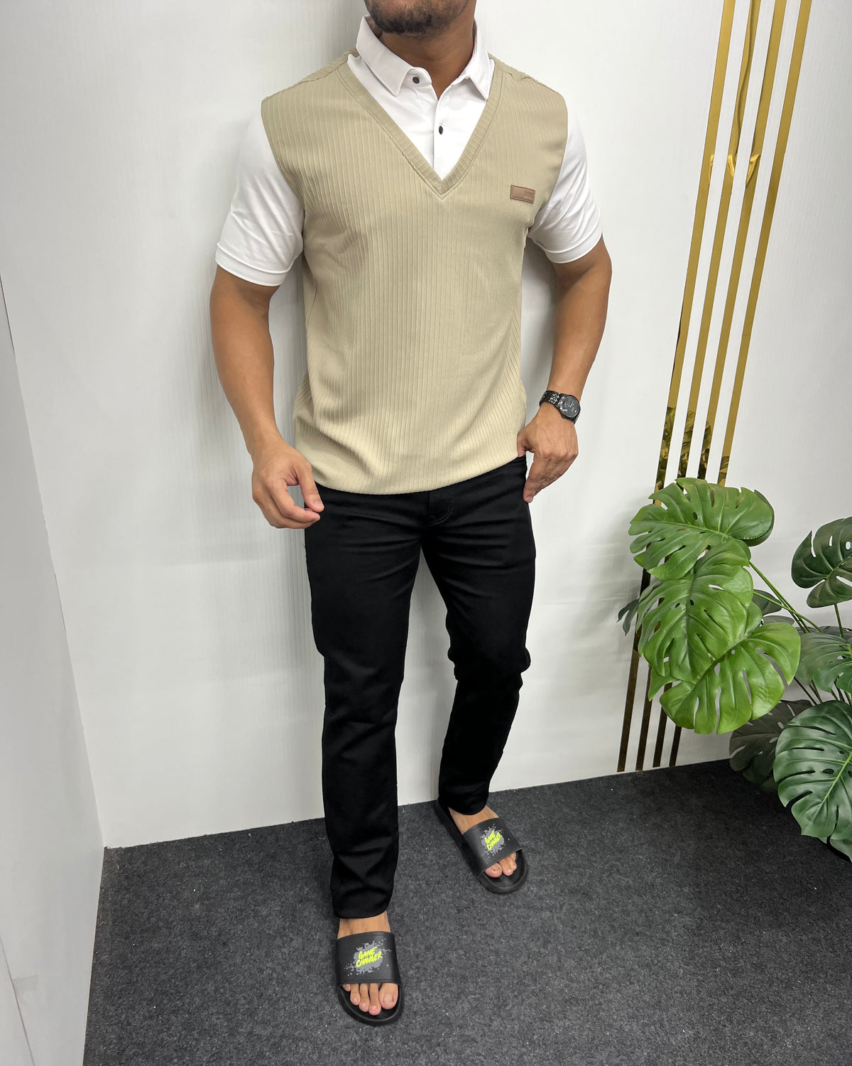 Beige & White Plaid T-Shirt