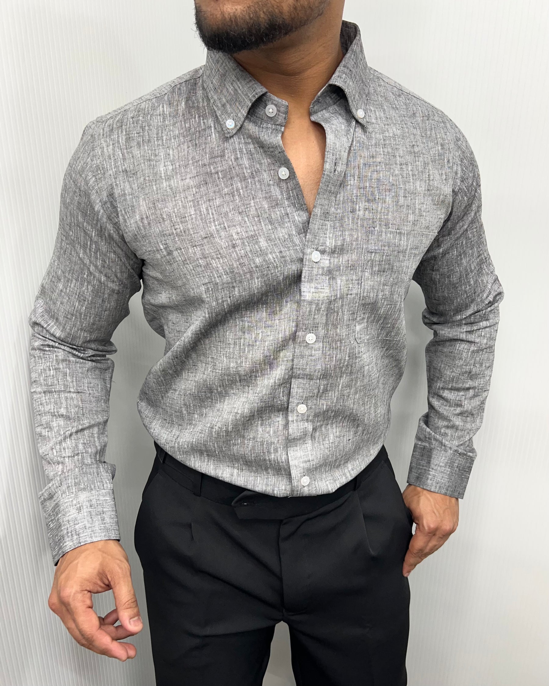 Gray Melange Cotton Linen Shirt