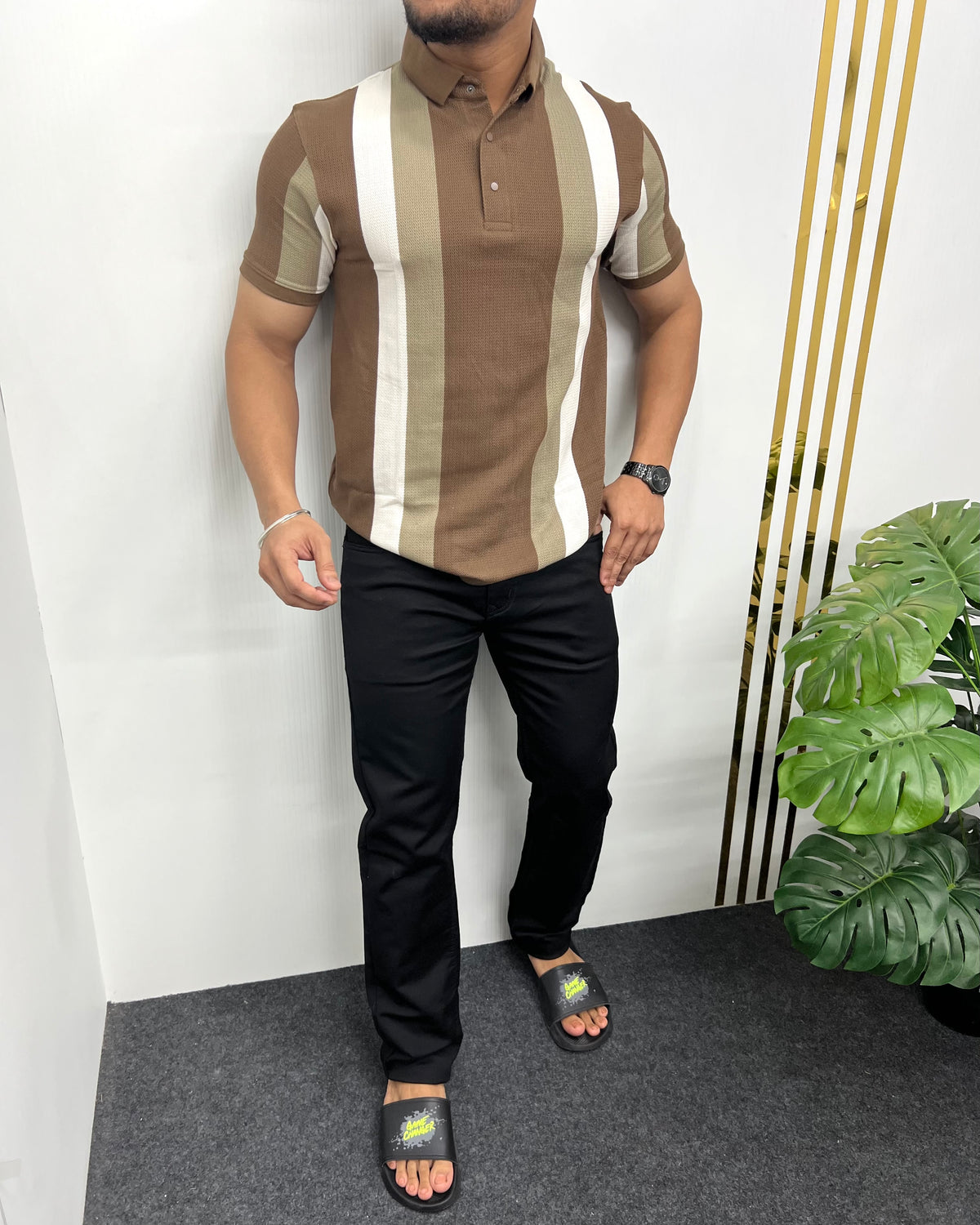 Brown Matty Structure Striped T-Shirt