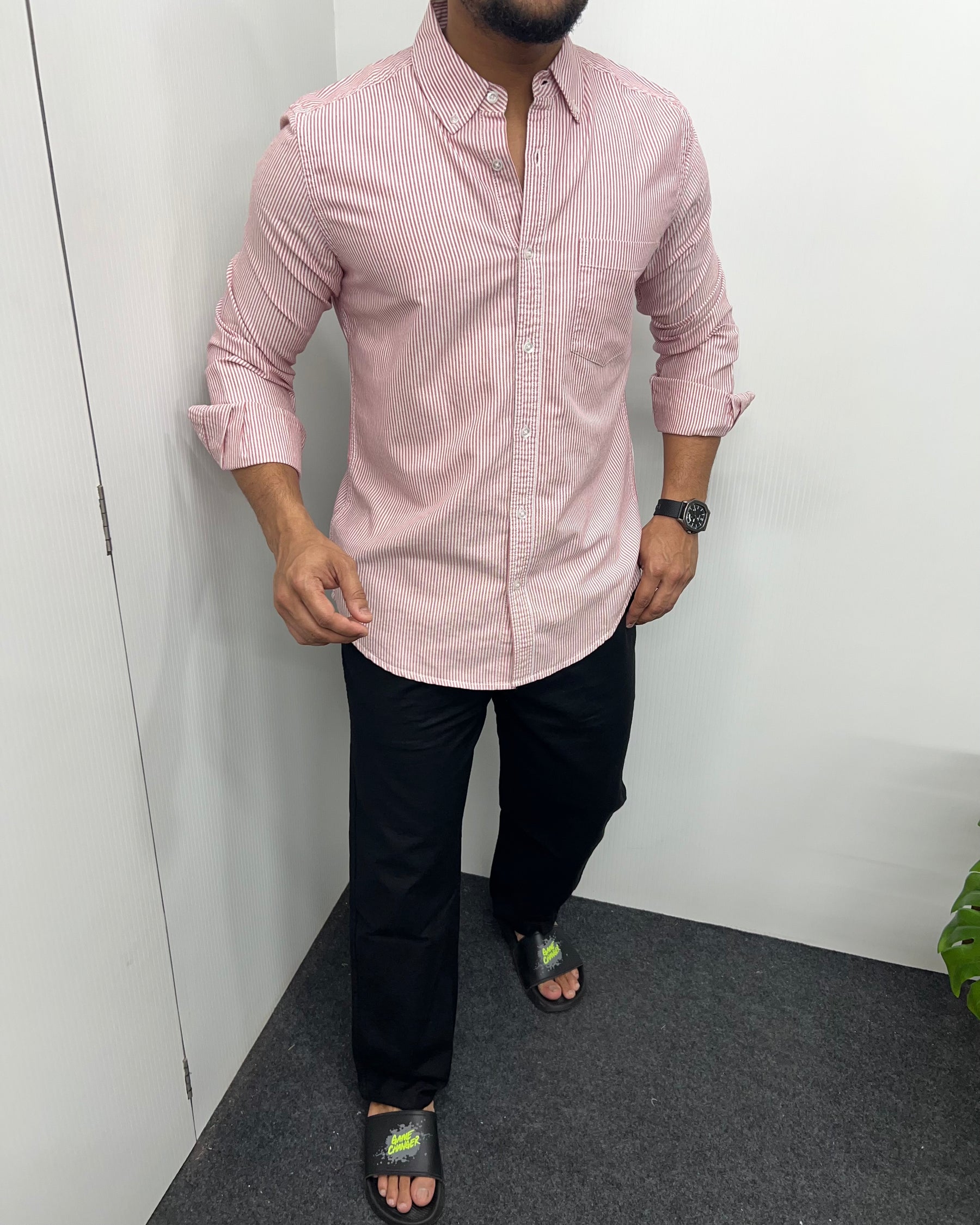 Dark Pink Cotton Oxford Striped Shirt