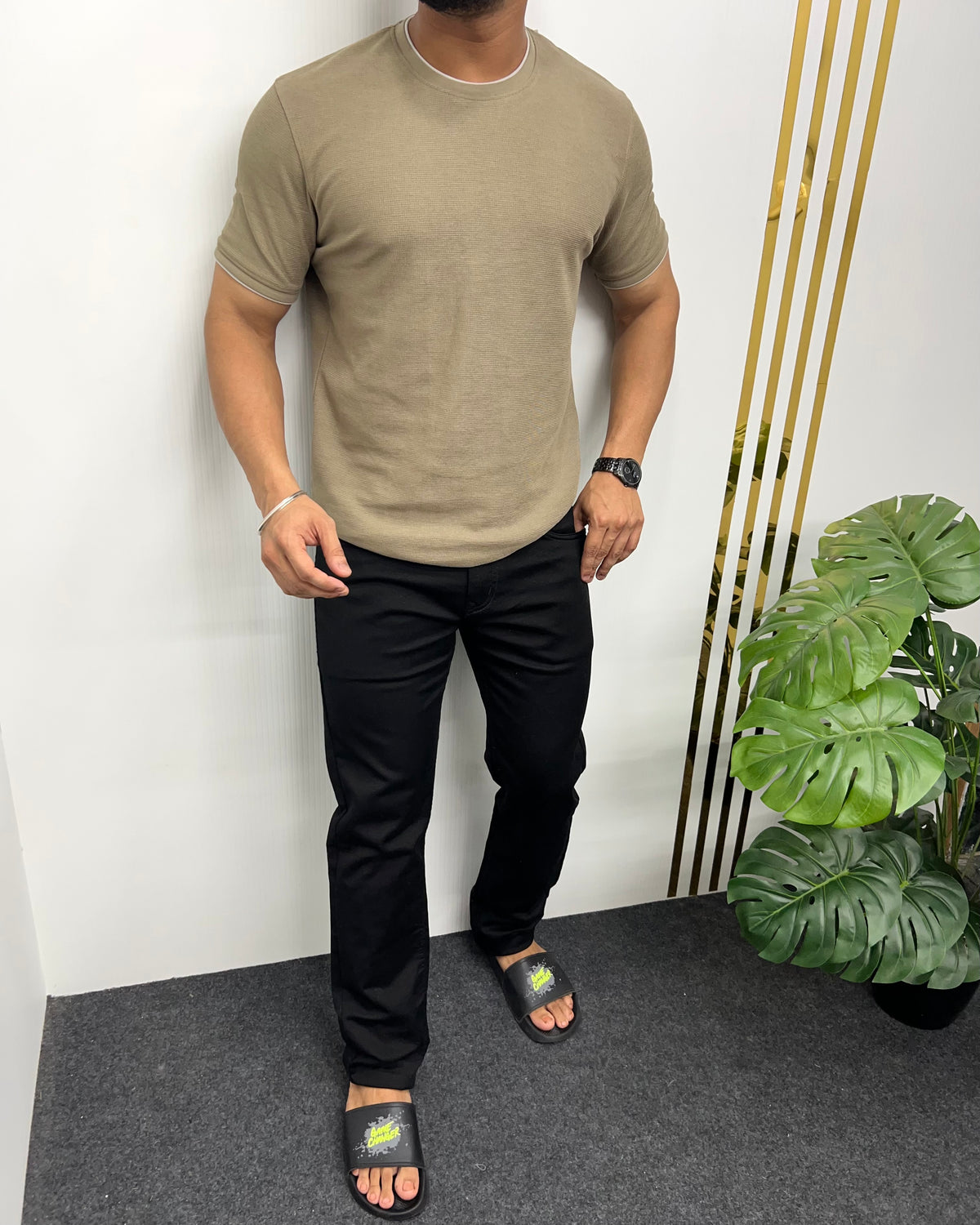 Khaki Plain Half Sleeve Knit T-Shirt