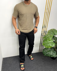 Khaki Plain Half Sleeve Knit T-Shirt